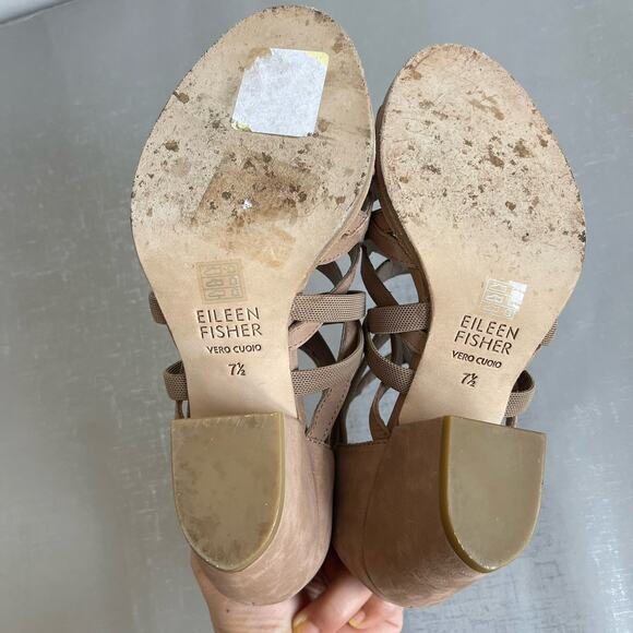 Eileen Fisher Fara Suede Leather Caged Sandals Block Heel Size 7.5 M Beige Tan - Picture 11 of 13